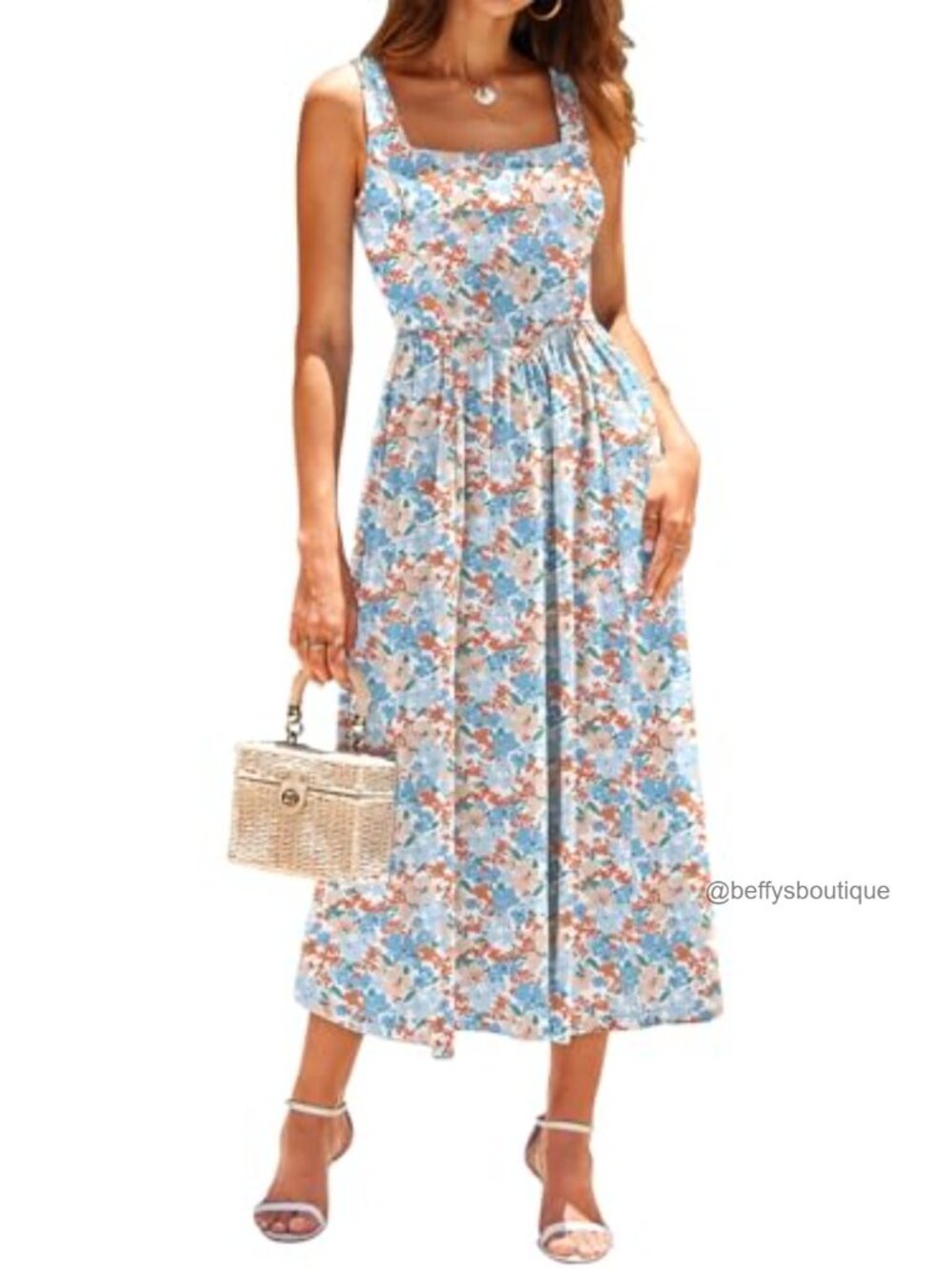 Midi Dress Square Neck Tank Sleeveless A Line Summer Dress with Pockets - Picture 2 of 7